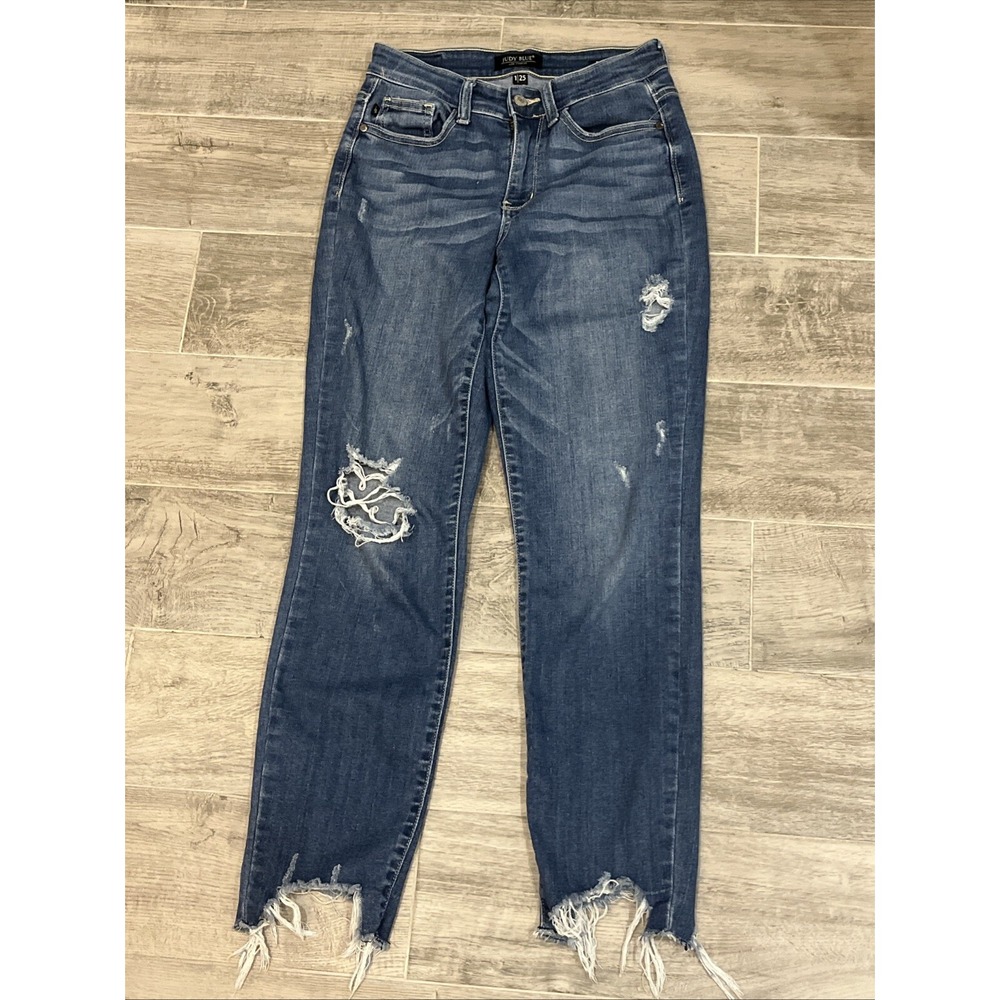 Judy Blue Slim Fit Women's Dark Wash Distressed Denim Jeans Rough Hem Sz 1/25